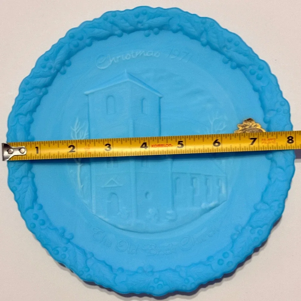 Fenton 1971 Christmas in America #2 Old Brick Church Blue Satin Glass Plate 8in
